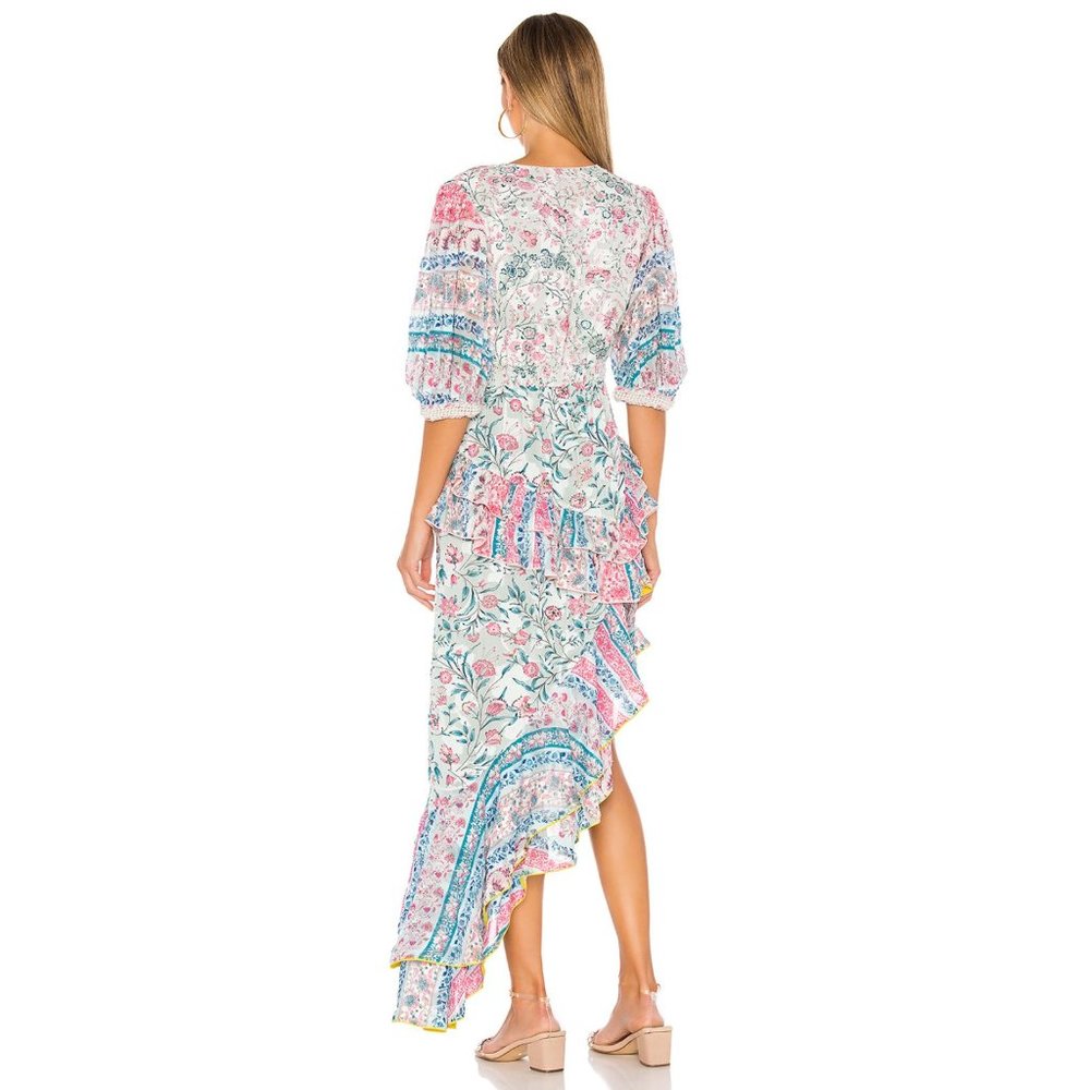 Hemant and Nandita Floral Ruffled Asymmetric Midi Dress in White, Pink, Blue - Picture 3 of 14